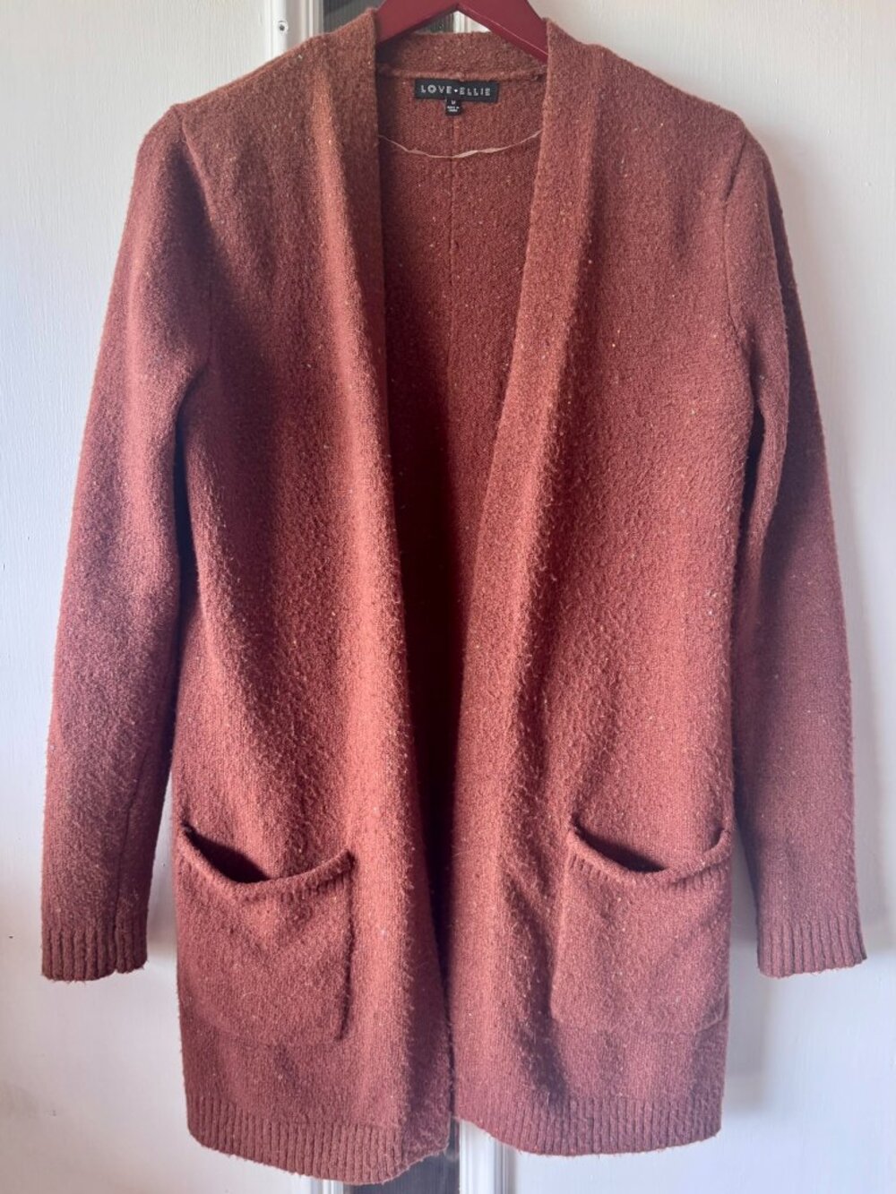 Love Ellie Open Front Cardigan Medium – Cozy Bouclé Knit – Rust Brown – Pockets